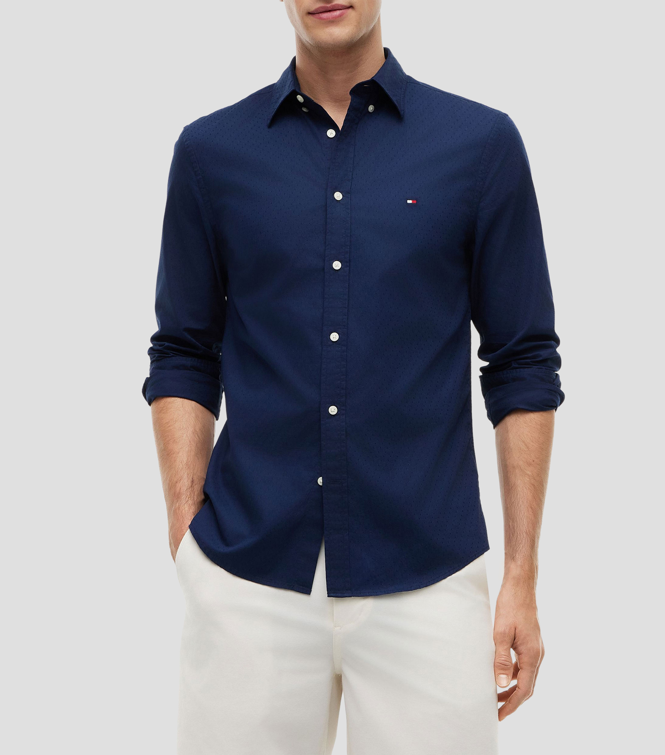 Camisa lisa manga larga cuello camisero Hombre
